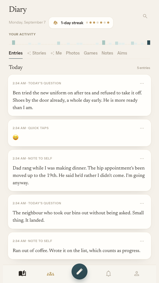 The Diary tab on a phone: today's entries under the streak pill