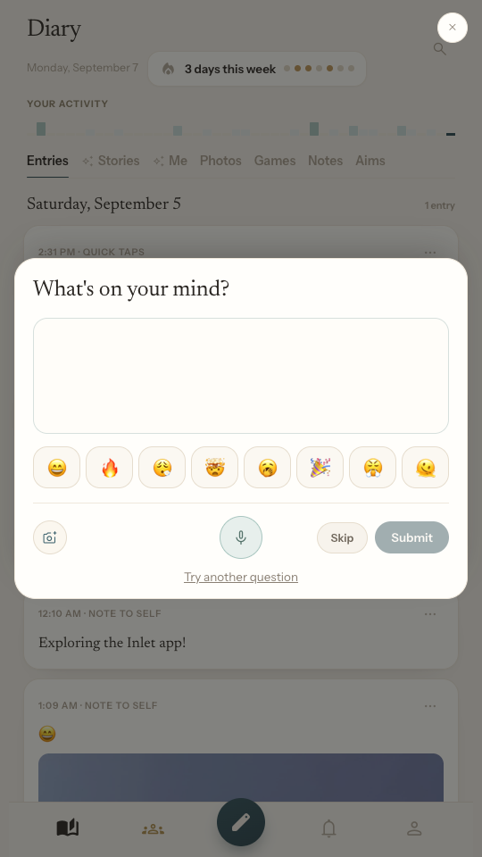 The day's question card over the diary, with the emoji row and the Voice button