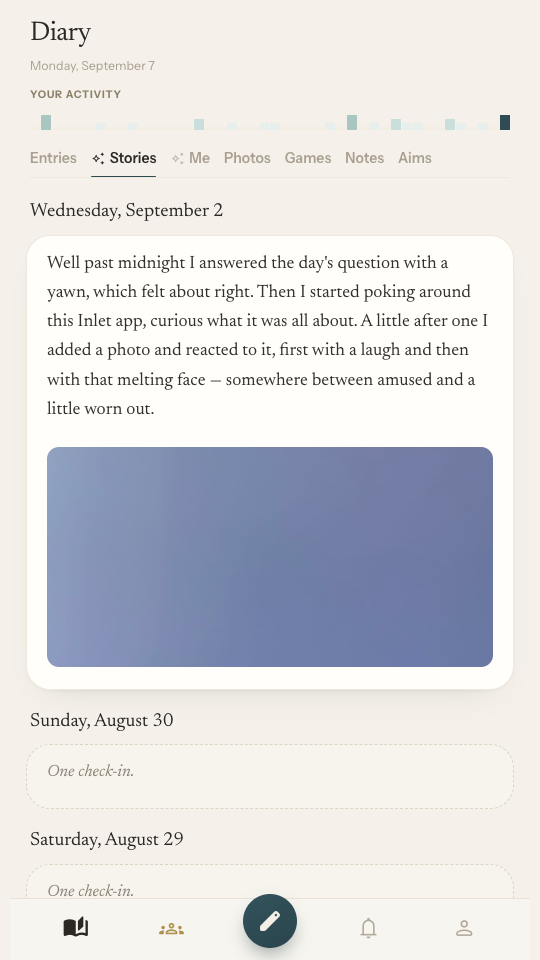 The Stories tab: a day's entries written up as one narrative