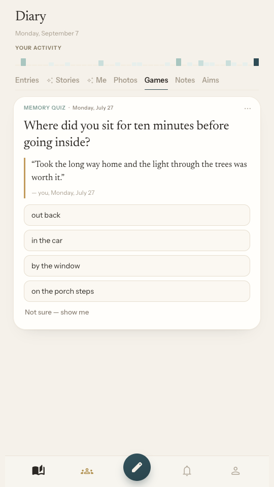 The Games tab: a multiple-choice memory quiz built from the writer's own entry